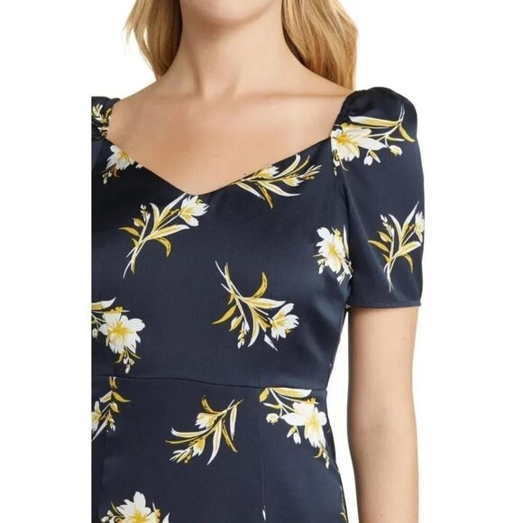 Sam‎ Edelman Tossed Floral Puff Midi Navy Dress Size 10 - Picture 2 of 7